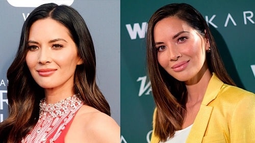 A picture of Olivia Munn before (left) and after (right) the lip fillers rumors.